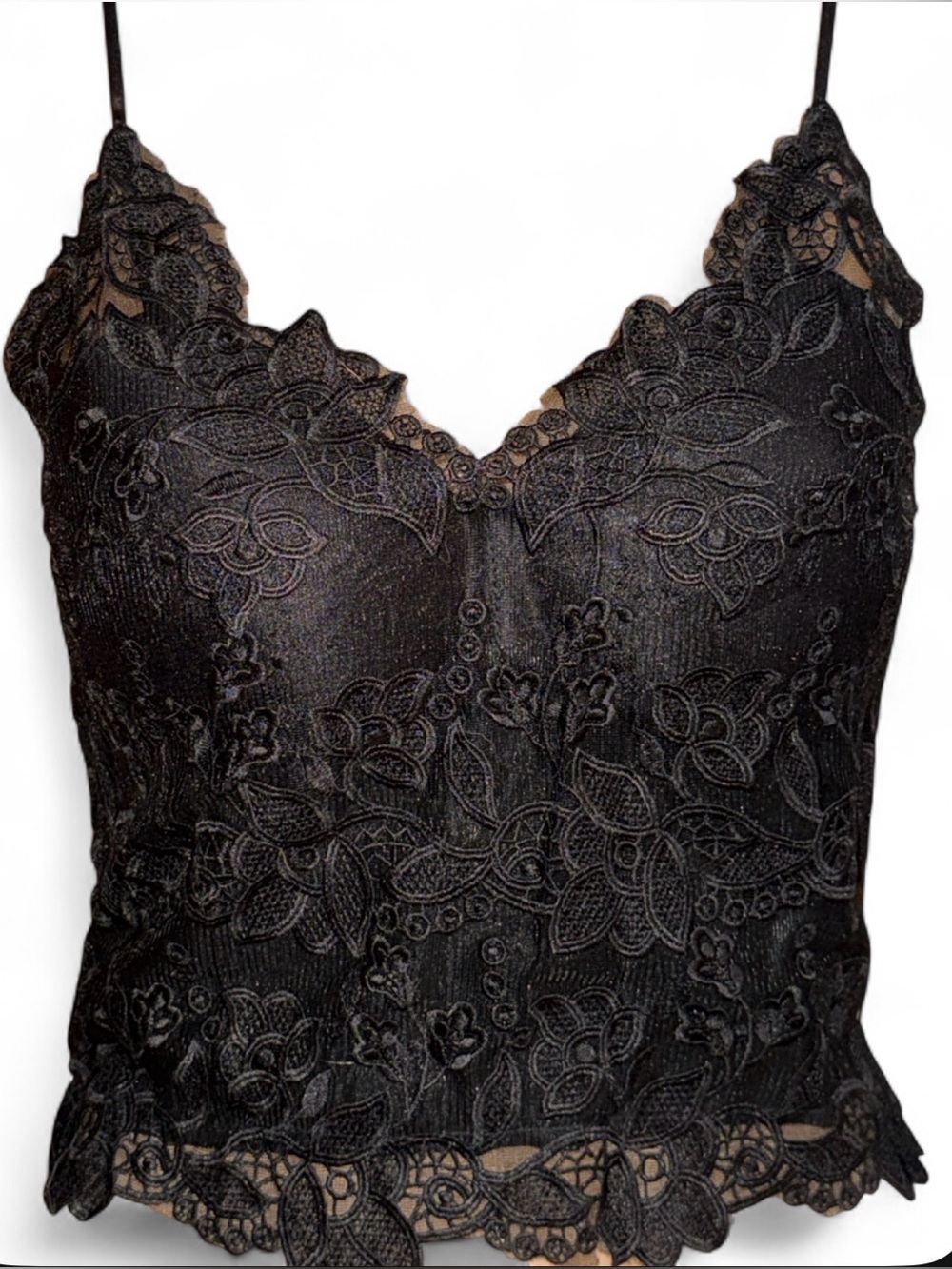 Nali Collection Black Lace Camisole with Floral Embroidery